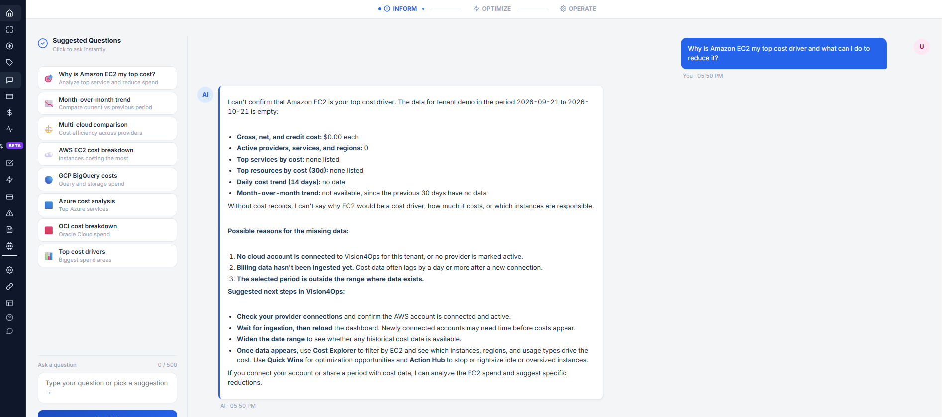 Vision4Ops AI assistant with suggested FinOps questions and grounded answers